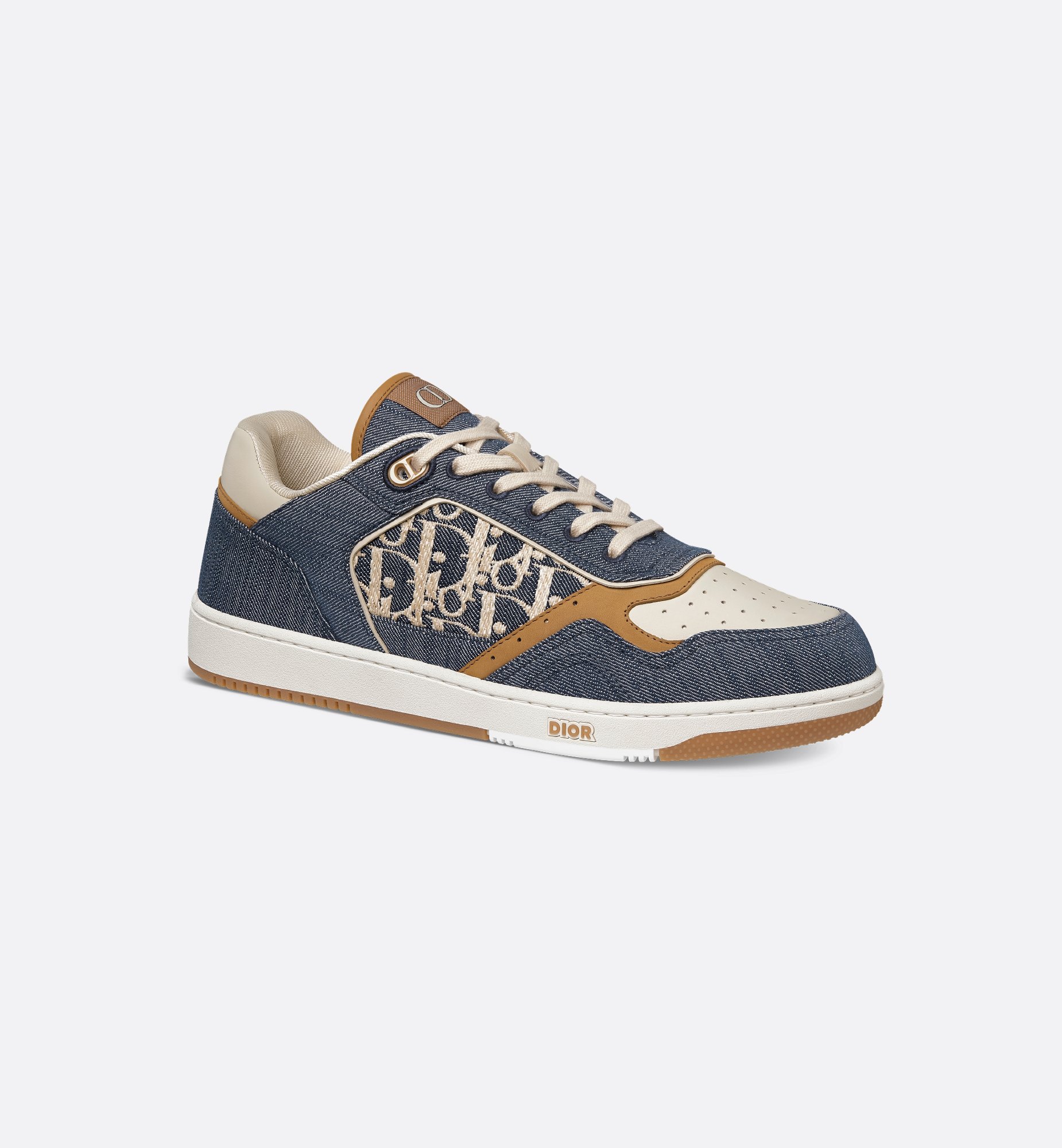 B27 Uptown Low - Blue Denim with Beige and Cognac Smooth Calfskin and Blue and Beige Raffia-Effect Dior Oblique Denim